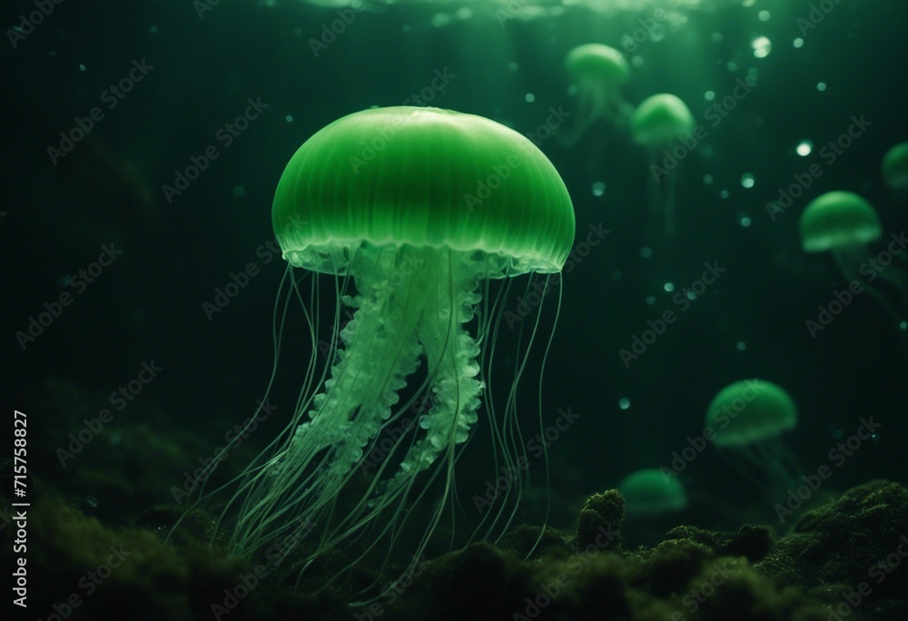 Awesome green glow-in-the-dark jellyfish lighting up the ocean. Awesome green glow-in-the-dark jellyfish lighting up the ocean.