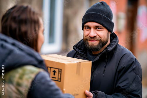 Man in a black jacket and beanie smiling while delivering a package to a customer on the street.