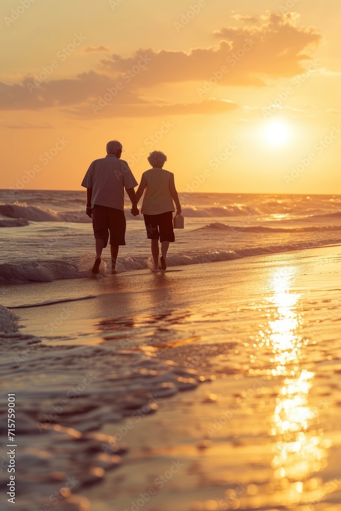 A joyful elderly couple walking on the beach enjoying a leisurely sunset