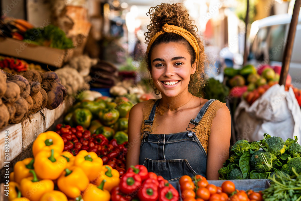 Cheerful woman with curly hair smiling amidst a colorful display of fresh fruits and vegetables at a local market.