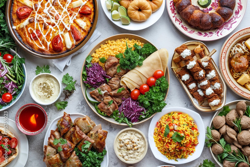 Flat lay of Ramadan kareem Iftar party table with assorted festive traditional Arab dishes