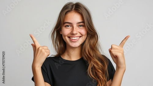Portrait of an American woman in black t shirt indicating two different side against a clean white backdrop with copy space, Generative AI.