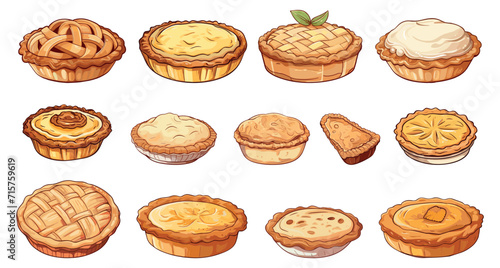 Traditional rustic apple pies. Isolated cartoon pie, tasty baking. Fresh bakery food, cafe or restaurant breakfast. Homemade cooking vector elements