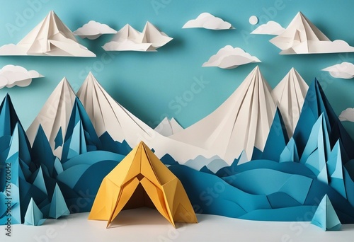Paper cut art of a mountain scene with a tent in the foreground and a blue sky with clouds