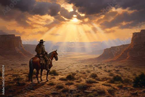 Texas daylight cowboys astride sturdy horses trave