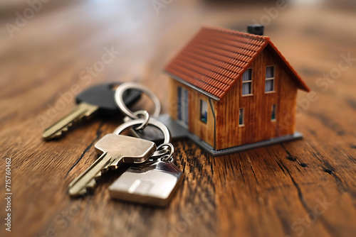 a small toy house and apartment keys lie on the table, the concept of buying a house 