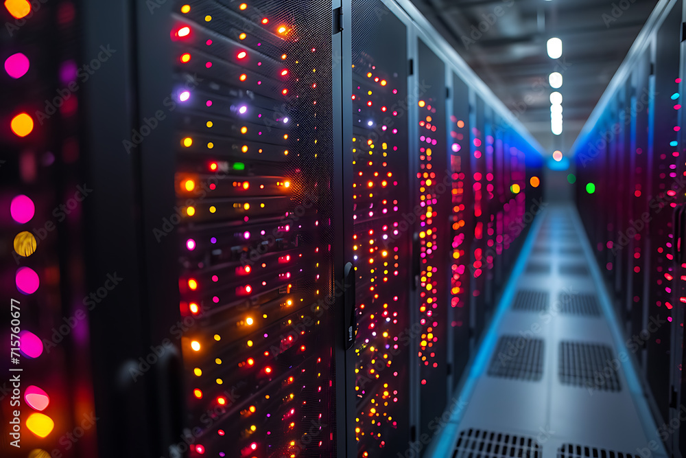 Many powerful servers running in the data center server room. Disk storage array. Modern technical hosting site