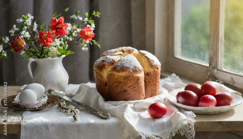 Traditional Easter bread, red eggs on a table 