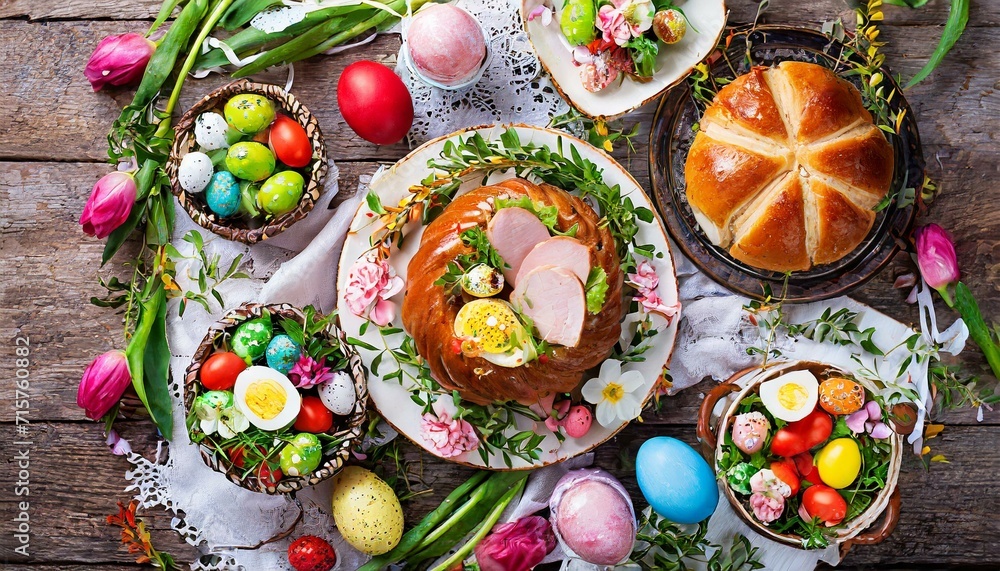 Traditional Easter dishes with decorations of the day. Traditional Easter dishes with decorations of the day.