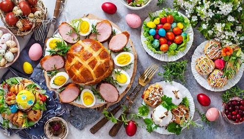 Traditional Easter dishes with decorations of the day. 