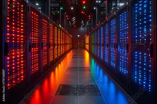 Many powerful servers running in the data center server room. Disk storage array. Modern technical hosting site