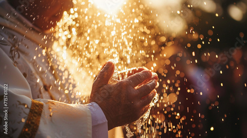 A close-up of a clergy member blessing a congregation with holy water during Palm Sunday, the droplets catching the sunlight as they fall onto the gathered worshipers. The moment c photo