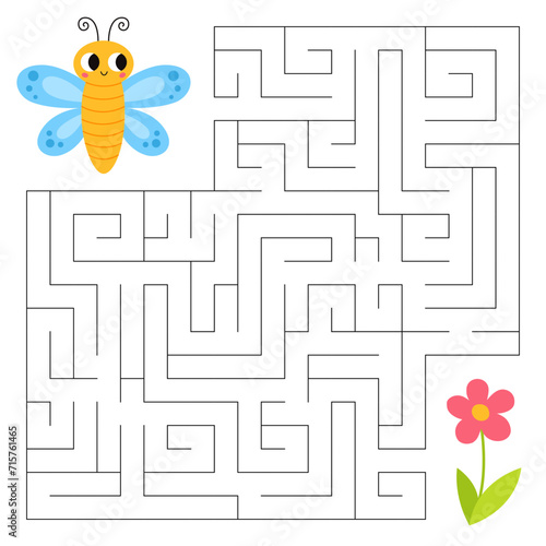 Insects maze game for kids. Cute butterfly looking for a way to the flower. Printable worksheet with solution for school and preschool.