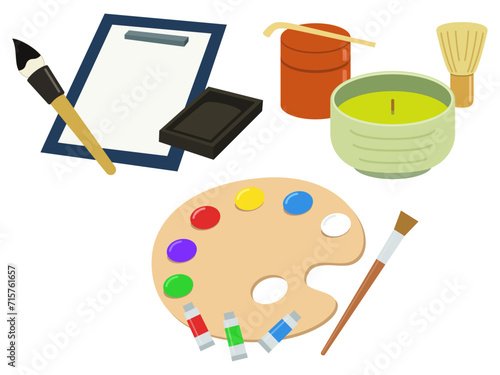 絵の具、書道、茶道の文化系の道具イラストセット