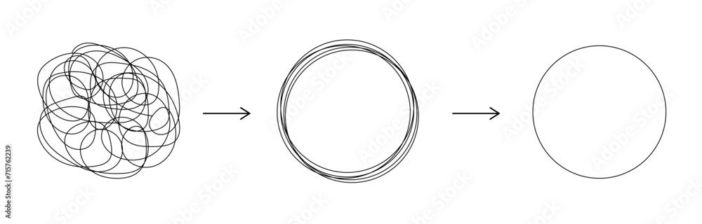Chaotically tangled line and untied knot in form of circle. Psychotherapy concept of solving problems is easy. Unravels chaos and mess difficult situation. Vector illustration 10 eps - obrazy, fototapety, plakaty 