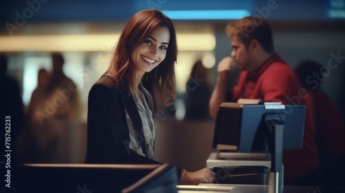 Welcoming female staff member at airport check-in counter assists passengers with a bright smile, blurred travelers in the background photo