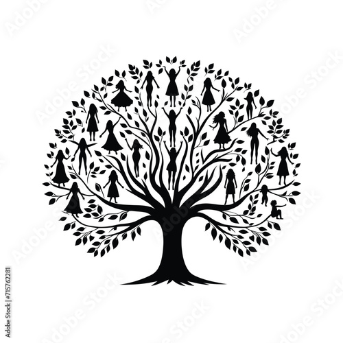 Silhouette of a tree with branches shaped like women.