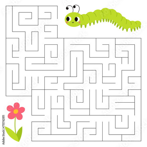 Insects maze game for kids. Cute caterpillar looking for a way to the flower. Printable worksheet with solution for school and preschool. photo
