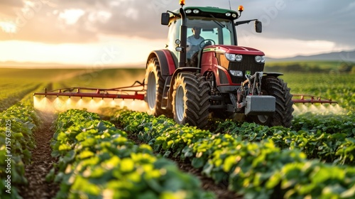 Efficient Agriculture  Modern Tractor Spraying Pesticides or Fertilizers over Vast Rural Farmland