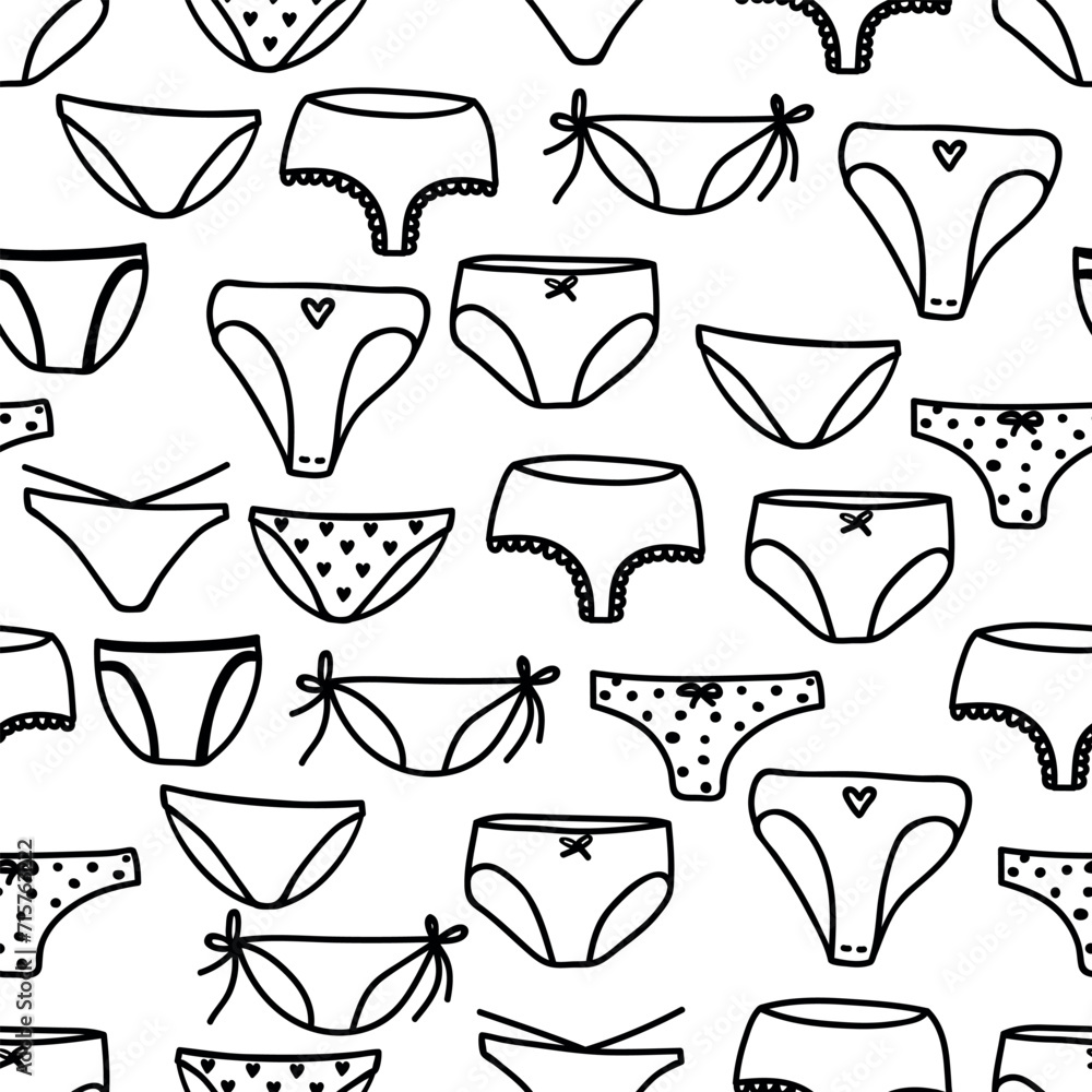 Seamless decorative pattern with women's panties in doodle style. Print for textile, wallpaper, covers, surface. Retro stylization. - obrazy, fototapety, plakaty 