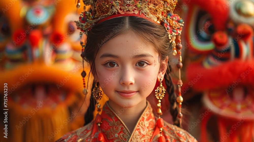A Chinese young girl in traditional costumes with lion dancers, generative ai