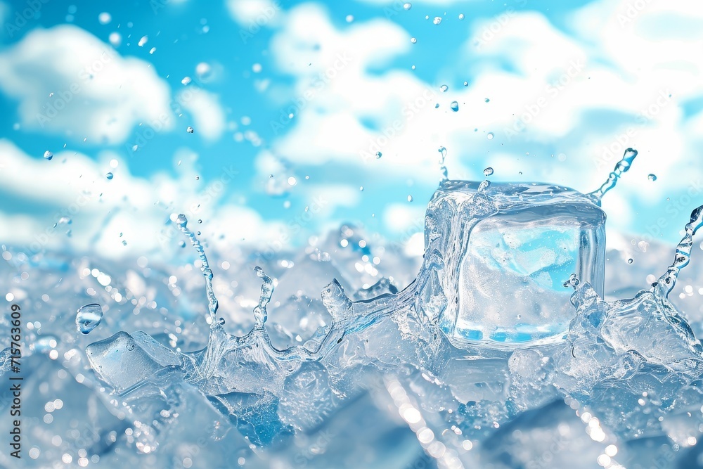 Water Ice Cube Pattern Background With Blurred Blue Sky And Clouds. Winter Wallpaper. Summer Banner. Backdrop. Illustration Water Ice Cube Pattern Background With Blurred Blue Sky And Clouds. Winter Wallpaper. Summer Banner. Backdrop. Illustration