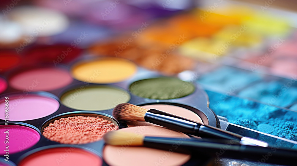 brushes lie on eye shadows, makeup cosmetics brushes lie on eye shadows, makeup cosmetics