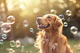 Dog with soap bubbles in summer outdoor. Generative AI