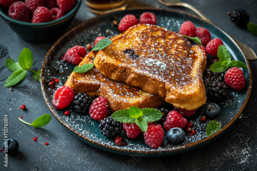 Plate of french toasts with fresh berries. Morning breakfast. Generative AI