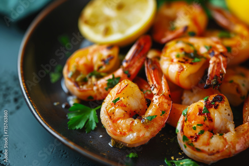 Grilled shrimps or prawns served with lemon and garlic. Seafood. Generative AI