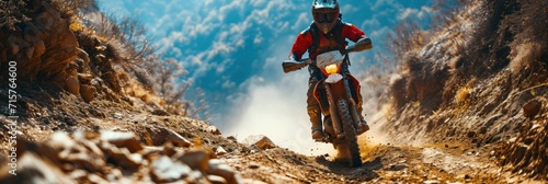 Motocross rider on a mountain road. Extreme sport. Panorama. Motocross. Enduro. Extreme sport concept.