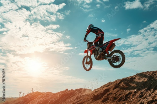 Motocross rider on the jump on the background of blue sky. Motocross. Enduro. Extreme sport concept. © John Martin