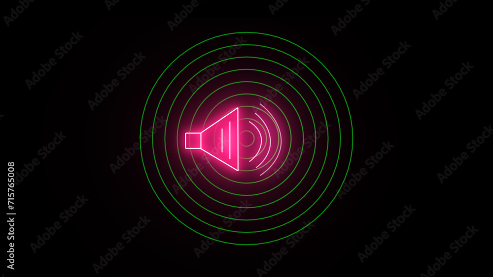 Isolated on a black backdrop, glowing neon speaker volume, audio speech sound symbol, and media music icon. Isolated on a black backdrop, glowing neon speaker volume, audio speech sound symbol, and media music icon.
