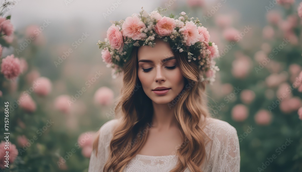pretty woman wearing flower crown walking in flower blossom in the mist dreamy atmosphere pretty woman wearing flower crown walking in flower blossom in the mist dreamy atmosphere