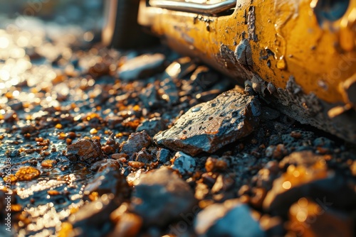 Close-up of a yellow excavator digging a hole in the ground. Motocross. Enduro. Extreme sport concept. © John Martin