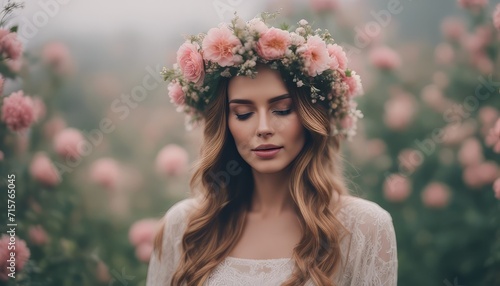 pretty woman wearing flower crown walking in flower blossom in the mist dreamy atmosphere © Adi