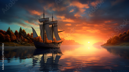 Ancient Sailing Ships on Stormy Sea Sunset Illustration 