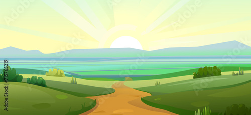 Road to valley with fields. Mountains on horizon. Scenery Landscape. Fun cartoon style. Vector