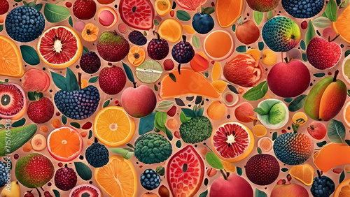 Vegetarian wallpaper with colorful fresh fruits vegan mosaic 4K