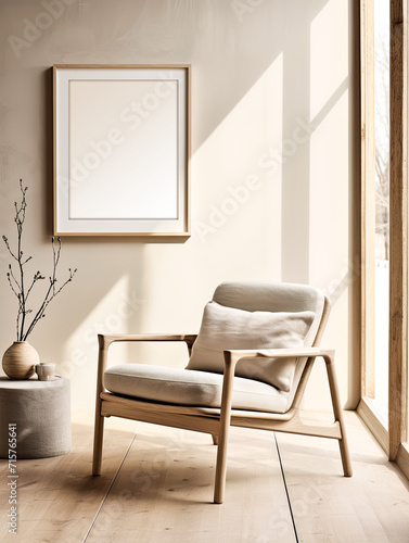 Empty frame mockup on a light plaster wall in a Scandinavian style living room interior