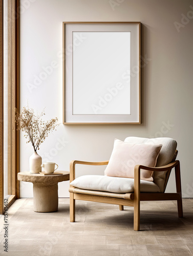 Empty frame mockup on a light plaster wall in a Scandinavian style living room interior