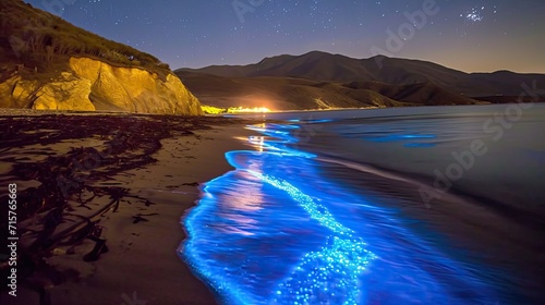 Glimmering waves embrace the shore, as luminescent algae paint the sea with an ethereal glow photo