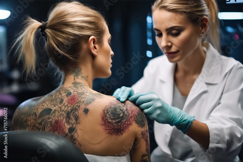 Primo Piano ad Alta Risoluzione di una Donna Sottoposta a Rimozione Tatuaggi con il Laser in un Salone photo