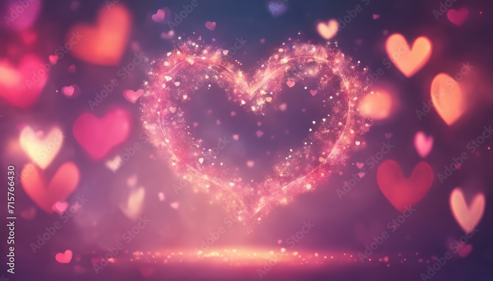 Abstract romantic and whimsical scene with a glowing heart surrounded by smaller, softly lit hearts against a dark background. 