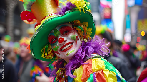 Colourful and Smiling Woman Clown Celebrating St. Patrick's Day Festivities