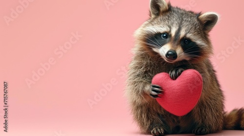 cute happy racoon holding a heart in his paws, on pink pastel background, for Valentine's Day, banner, copy space © Dmitriy