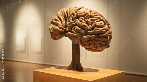 Brain art. Sculpture of the human brain made of wood at the exhibition of contemporary art in the art gallery. 
