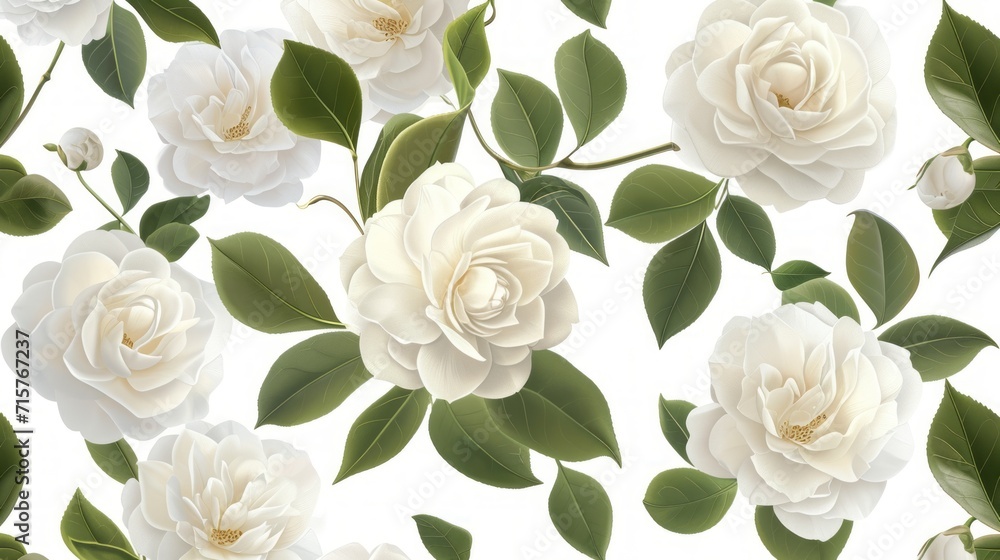 White background pattern with illustrations of camellia flowers