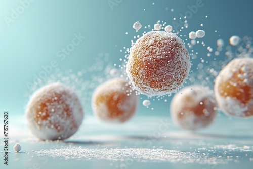 Portrait of powder sugar donuts falling from above in a clean surface with empty space, Generative AI.