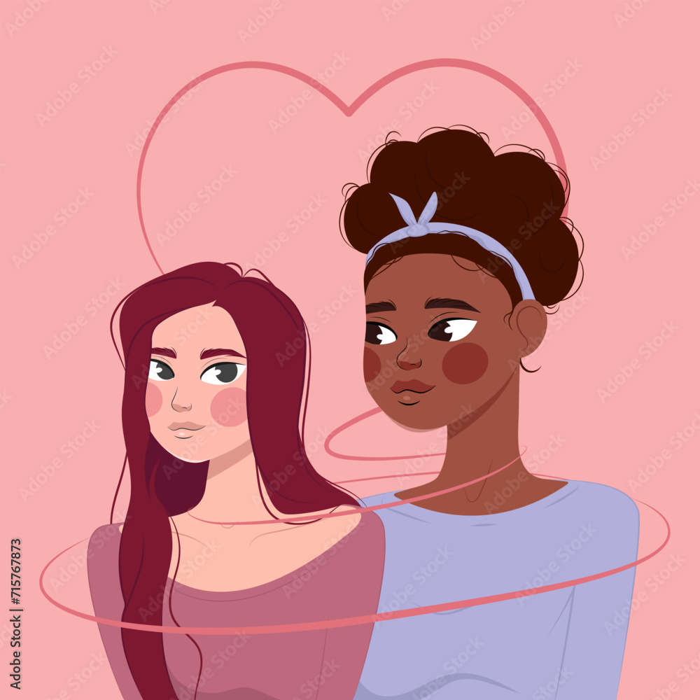 Happy lesbian couple in love. Cartoon girls with heart joining them together. Happy Valentines Day illustration.